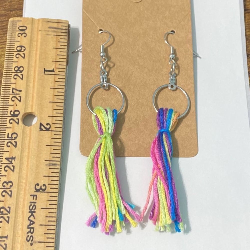 Rainbow Tassel Fringe Statement Earrings Slip On Dangle Hoop Silver Green Pink‎ - Picture 2 of 6